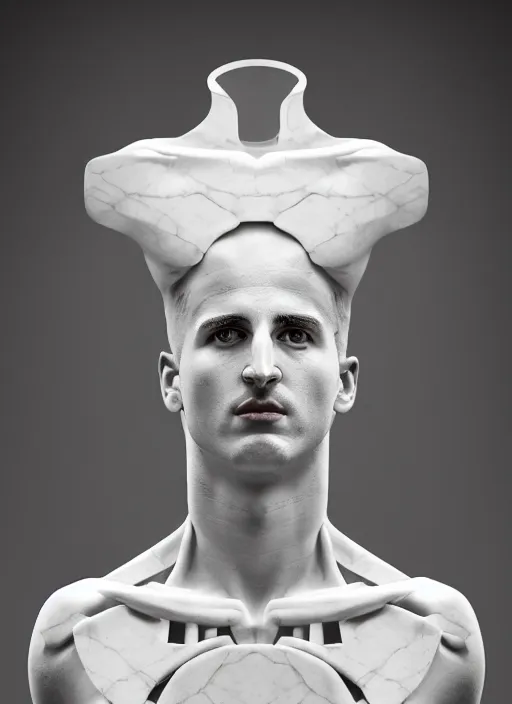 Image similar to a statue made of white marble with gold veins, of klay thompson, transhumanism, full body shot, perfect symmetrical body, perfect symmetrical face, hyper realistic, hyper detailed, by johannen voss, by peter kemp, by monia merlo, by michelangelo, octane render, blender, 8 k