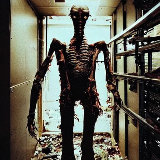 Prompt: “ugly filthy gross fleshy raw meat insectoid cybernetic mummy demon standing in a filthy dirty small server room filled with garbage and networking cables. David Cronenberg. Body horror style. 35mm.” n 9