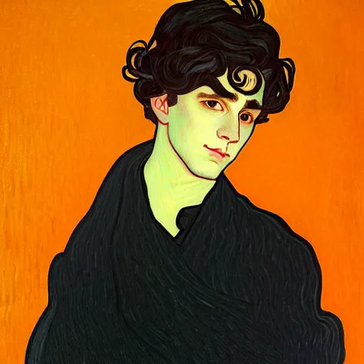 Image similar to painting of young cute handsome beautiful dark medium wavy hair man in his 2 0 s named shadow taehyung at the halloween pumpkin jack o'lantern party, depressed, melancholy, autumn, japan, elegant, clear, painting, stylized, delicate, soft facial features, delicate facial features, soft art, art by alphonse mucha, vincent van gogh, egon schiele