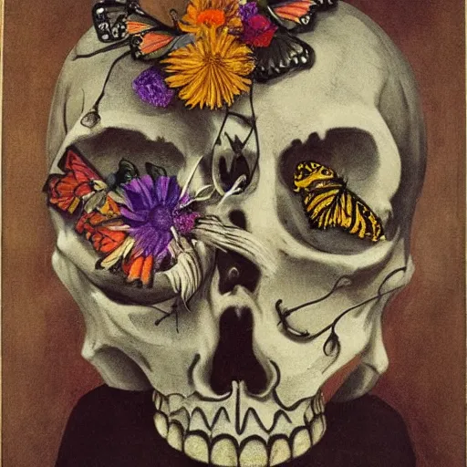 Prompt: two skeletons leaning on each other, mimosa blossoms in the eye sockets, butterflies and worms, day of the dead, Dutch masters, still life