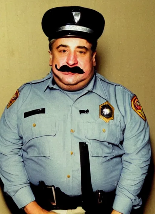 Image similar to a 1987 photo of a fat and bald Robert deniro with a mustache as a policeman, detailed