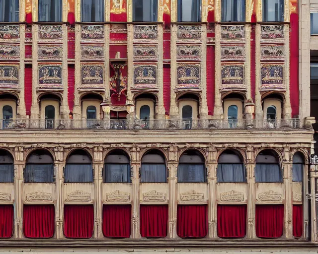 Prompt: photo of an outdoor mural of an opera house from the early 1 9 0 0 s in the style of art nouveau, red curtains, art nouveau design elements, art nouveau ornament, opera house architectural elements, painted on a brick wall, outdoor mural, mucha