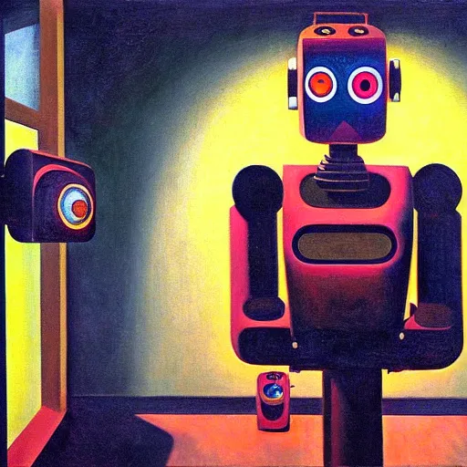 Prompt: a mesmerized robot with large glowing eyes staring at a control panel, portrait, pj crook, grant wood, edward hopper, syd mead, chiaroscuro, oil on canvas
