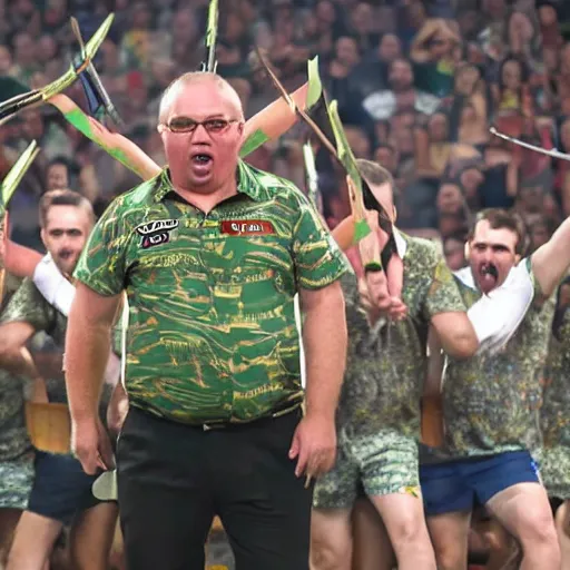 Prompt: typical Australian darts player leading an army of kangaroos into battle