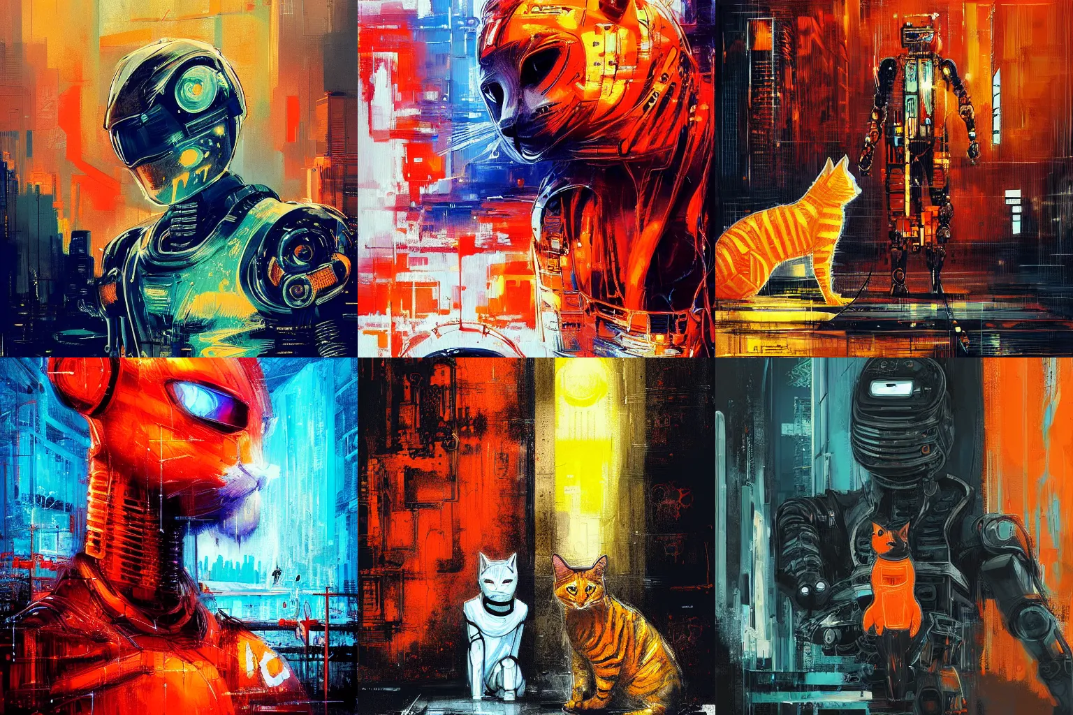 Prompt: cyberpunk robotic white and orange tabby cat by Alena Aenami, by Guy Denning