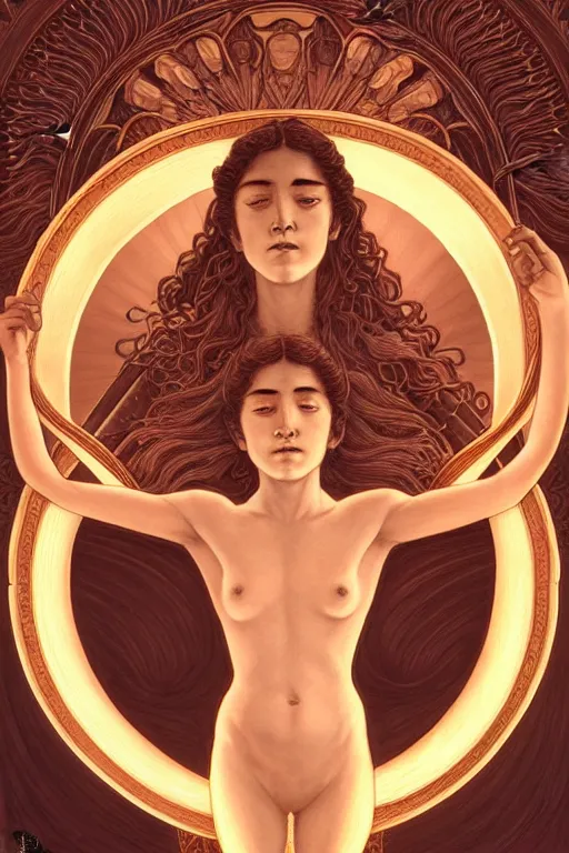 Image similar to symmetry!!!! intensely intricate tintype fan art of full frontal pose of a young sun goddess, protagonist, intertwined with a young moon goddess, antagonist, intricate, elegant, highly detailed, my rendition, digital painting, artstation, concept art, smooth, sharp focus, illustration, art by artgerm and greg rutkowski and alphonse mucha