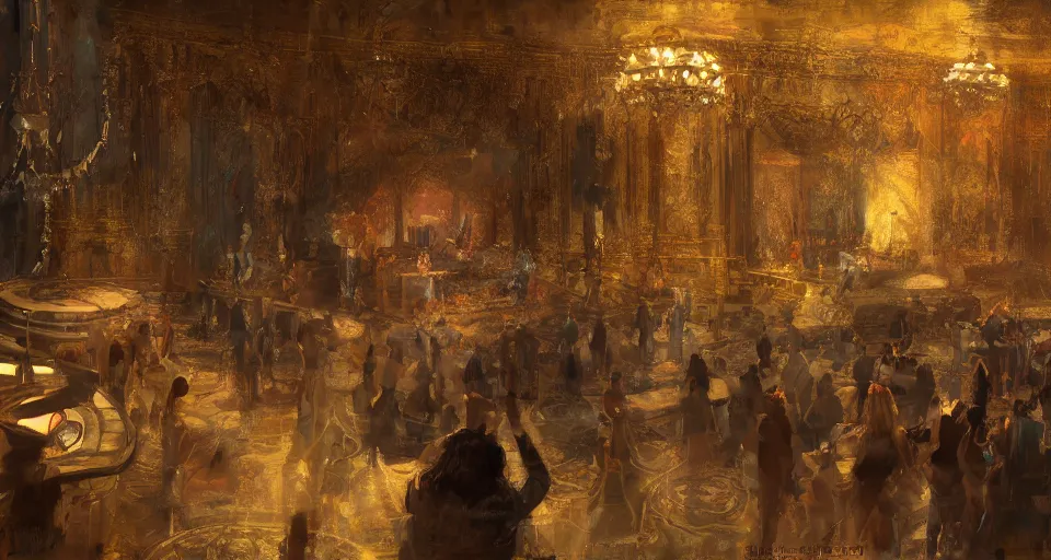 Prompt: craig mullins and ghibli digital art of inside the theater, on the stage, masked female violinists, exotic costumes, gold jewelry, black hair, solo performance hyper realism, realistic shading, cinematic composition, realistic render, octane render, detailed textures, photorealistic, wide shot