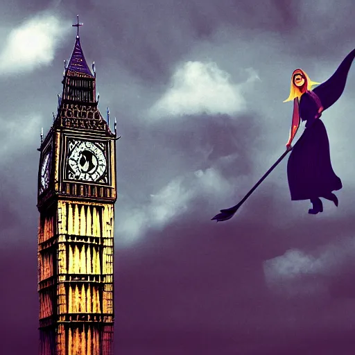 Image similar to A witch flying high in the sky using her broom stick,the Big Ben is in background, top down perspective,gloomy lighting,creepy atmosphere,digital art , highly detailed , high contrast, beautiful lighting, award winning , trending on art station, 8k, photo realistic