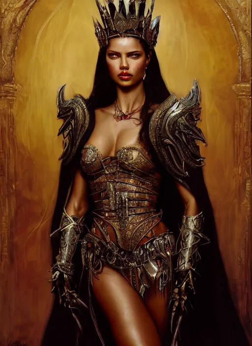 Image similar to portrait of adriana lima as queen in intricate dress, fantasy, artstation, by roberto ferri, fantasy, witcher, very detailed oil painting, masterpiece, 8 k