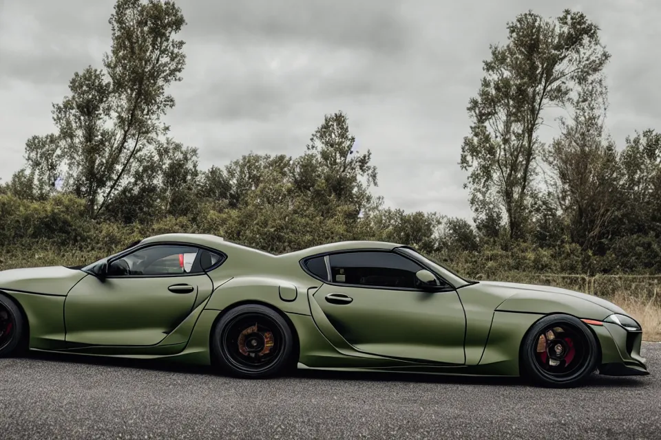 Image similar to Matte olive green Toyota Supra mk4 with widebody kit on highway, hyper realistic, car photography, 8k,