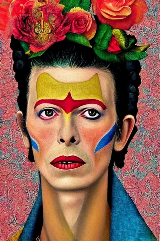 Image similar to David Bowie in Frida Kahlo style, high detail