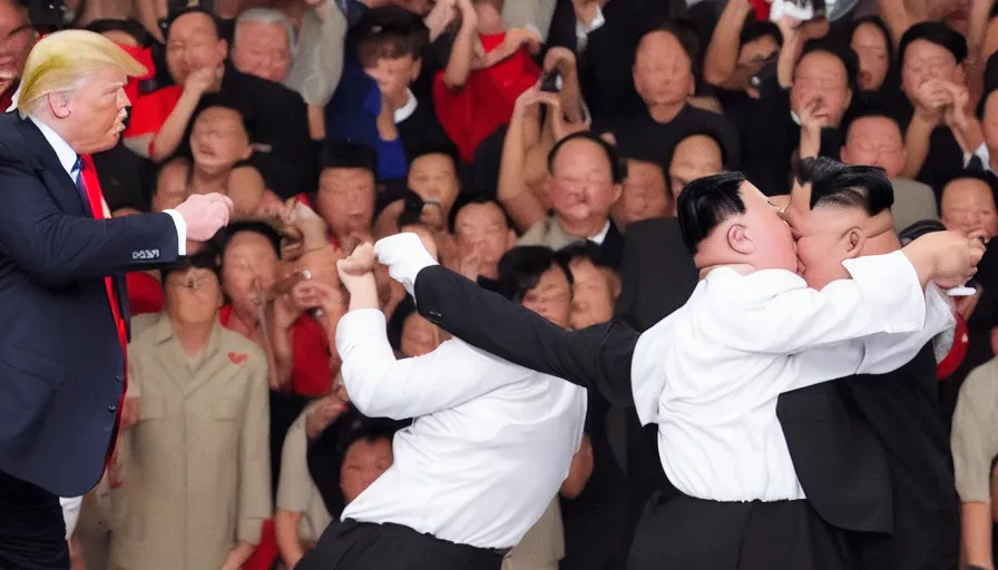 Prompt: an angry donald trump punching kim jong un , realistic photo