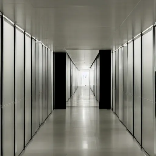 Image similar to curved still of an endless office hallway into an elevator, liminal feeling, uncanny