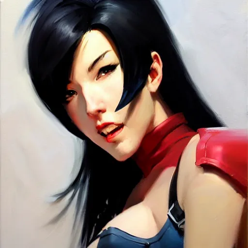 Image similar to Greg Manchess portrait painting o Tifa Lockheart as Overwatch character, medium shot, asymmetrical, profile picture, Organic Painting, sunny day, Matte Painting, bold shapes, hard edges, street art, trending on artstation, by Huang Guangjian and Gil Elvgren and Sachin Teng