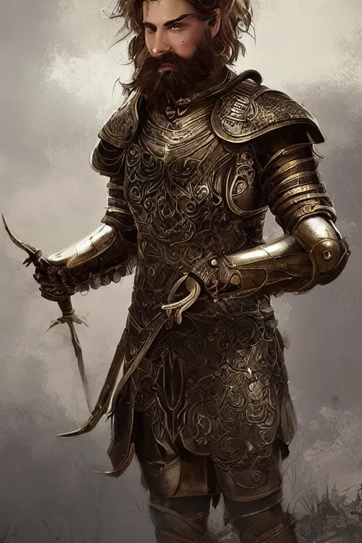 Image similar to young man with thin beard, messy short hair, very beautiful, wearing intricate bronze and silver armour. digital art. trending on artstation. vivid colours. unrealistic, storybook, fable.