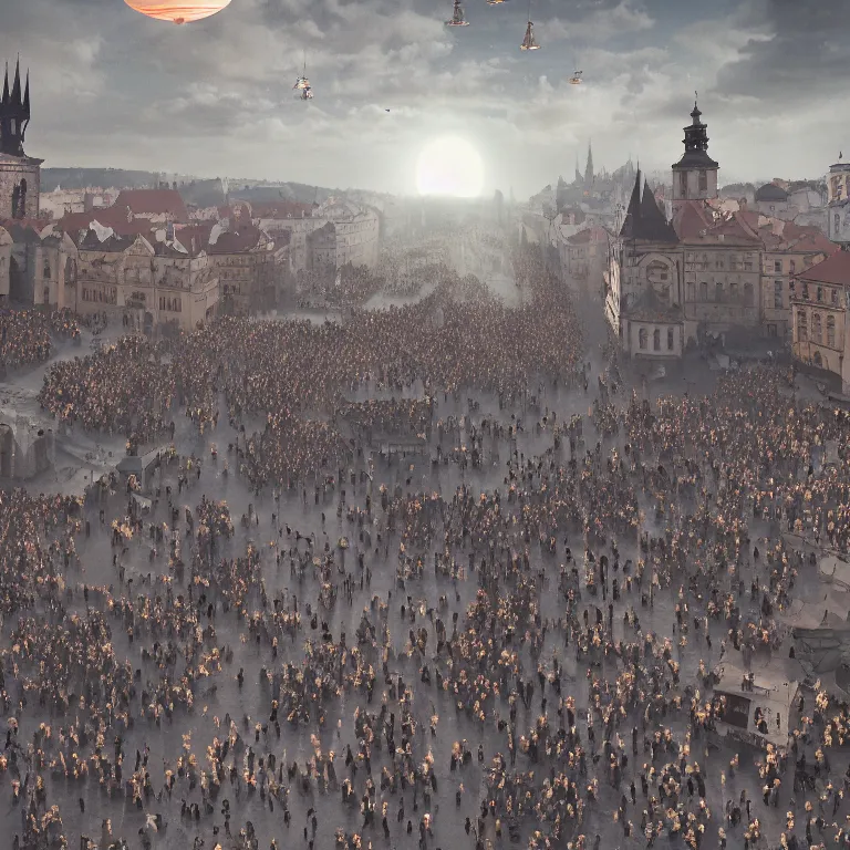 Image similar to shocked crowds of people witnessing ufo flying saucer landing in 1493 in Prague, column of light, beautiful detailed intricate insanely detailed 3D render digital art, octane render, 8K artistic portrait photography, photorealistic digital art, realistic volumetric lighting