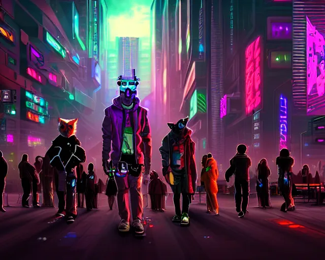 Image similar to high - resolution photograph from a cyberpunk era furry fandom convention ( midwest furfest 2 0 4 7 ), taking place after the genetic revolution and quantum singularity. photorealistic.