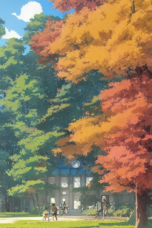 Image similar to a colorful high school building with beautiful trees, morning, by studio ghibli painting, superior quality, masterpiece, traditional Japanese colors, by Grzegorz Rutkowski, concept art