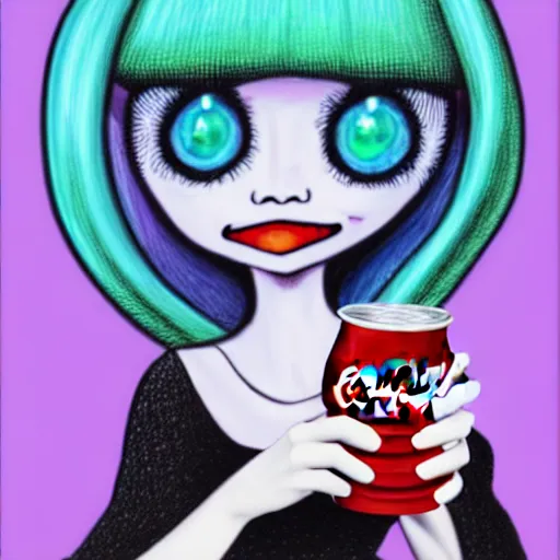 Prompt: digital drawing of the coke logo personified as a soda themed girl in the style of the youtuber lavender towne, large creepy eyes, extremely detailed and colorful eyes, digital art, deviant art, soda themed girl, hyper detailed eyes, money sign pupils, tim burton, scratchy lines, junji ito