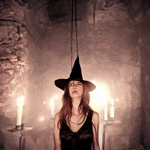 Prompt: portrait of a beautiful witch in a decaying-cathedral-lit-by-skull-chandelier, volumetric lighting, cinematic