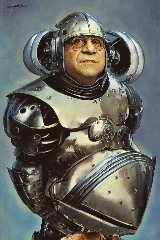 Image similar to portrait of danny devito in futuristic metal armour by norman rockwell and mandy jurgens and john singer sargent