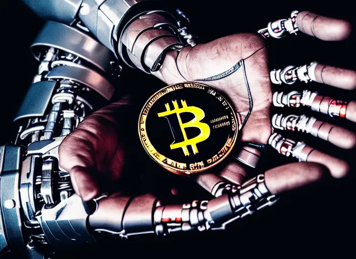 Image similar to mechanical terminator hand holding a bitcoin between two fingers. centered. horror cyberpunk dystopia style. highly detailed 8 k. intricate. nikon d 8 5 0 3 5 mm. award winning photography.