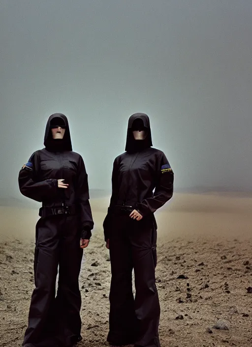 Image similar to cinestill 5 0 d photographic portrait of two loving clones, techwear women on a desolate plain, a brutalist dark metal facility in the background, sandstorm, depth of field, 4 k, 8 k, hd, full color