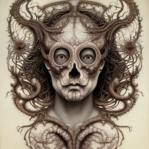 Image similar to detailed realistic beautiful porcelain calaveras portrait by jean delville, gustave dore, iris van herpen and marco mazzoni, art forms of nature by ernst haeckel, art nouveau, symbolist, visionary, gothic, neo - gothic, pre - raphaelite, fractal lace, intricate alien botanicals, ai biodiversity, surreality, hyperdetailed ultrasharp octane render