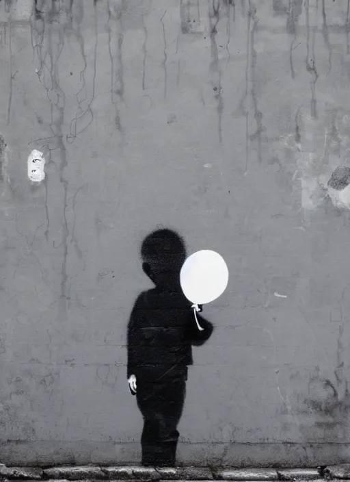 Image similar to A black and white graffiti of boy holding a single graffiti dark blue balloon on a concrete background in the style of Banksy, graffiti, digital art