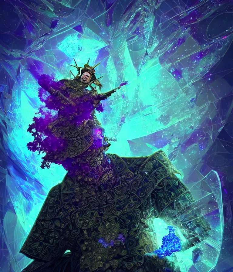 Image similar to front!!! shot of a court jester!!! character, mesmerizing fractal hypercubes, dark holography!!!, future, metallic nebula, crystalline edges, polygonal, elegant, highly detailed, centered, (((artstation, concept art, jagged, sharp focus, artgerm, Tomasz Alen Kopera, Peter Mohrbacher, donato giancola, Joseph Christian Leyendecker, WLOP, Boris Vallejo))), ((raytracing)), mugshot!!!!!, ugly!!!!!!, octane render, nvidia raytracing demo, octane render, nvidia raytracing demo, octane render, nvidia raytracing demo, 8K