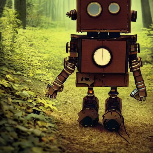 Prompt: a steampunk robot made of a cardboard box, crayon face, walking through the forest, dof, cinematic lighting, hyperrealistic, extremely detailed, 8k, artstation,