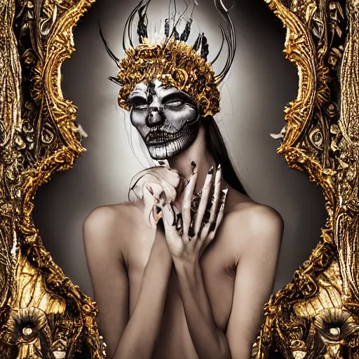 Prompt: a portrait of female model by stefan geselle and nekro borja, photorealistic, intricate details, hyper realistic, fantasy, ornate metal gold headpiece, skull and skeleton fashion, photorealistic, canon r 3, photography, wide shot, photography, dark beauty, symmetrical features, wide angle shot, whole body, full body shot, standing pose