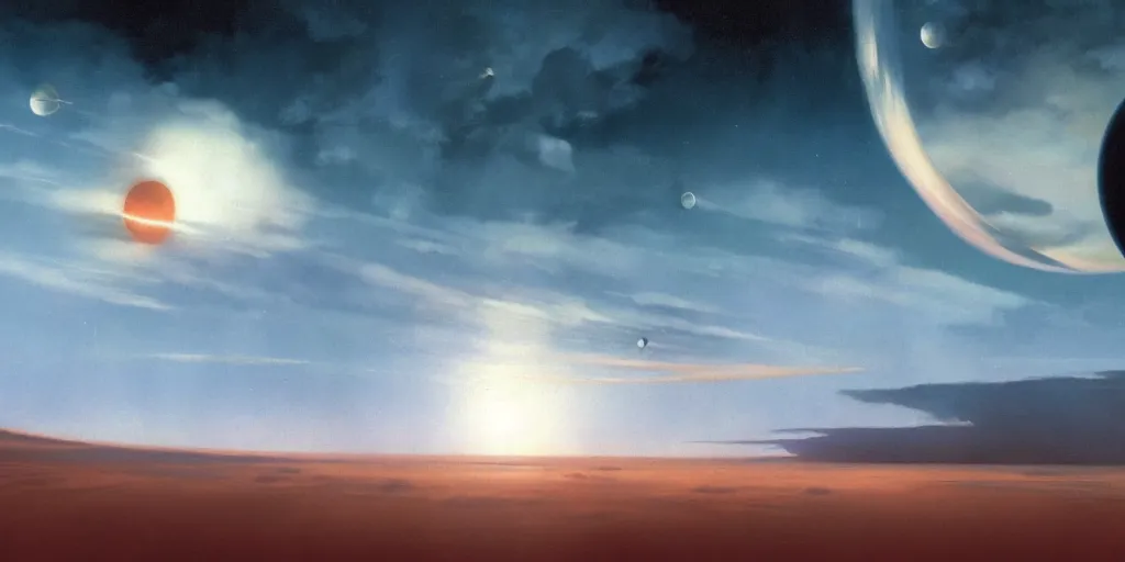 Image similar to blue dreamy cloudscape with a single planet in the clouds, daylight, cinematic lighting, cinematic perspective, syd mead, john harris, federico pelat,