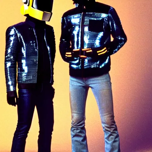 Image similar to Daft Punk with Marty McFly clothes with the Delorean, 80s style