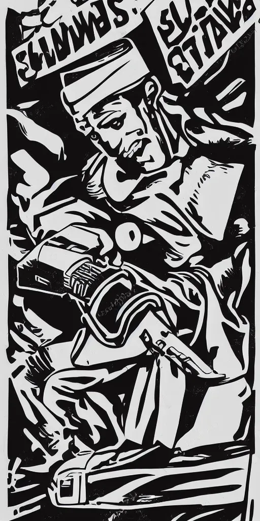 Prompt: propaganda poster for a studio with a chainsaw, black and white, street printed poster, socialist,