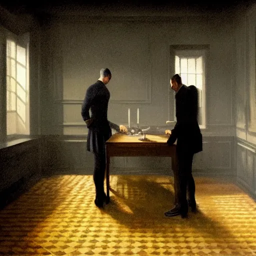 Image similar to covert shadow figures of men in a dark room with a chequered floor conversing around a table in secrecy, moody and atmospheric, dramatic scene, dimly lit room, cgsociety, 8k resolution, trending on artstation, octane render by Quint Buchholz, Pieter Claesz and edward hopper