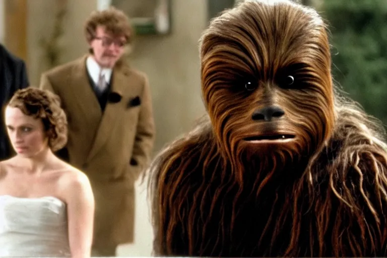 Prompt: A high quality movie still from the film Four Weddings and a Funeral, starring Chewbacca