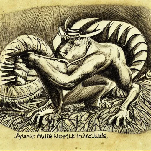 Image similar to a mythological sketch of a knuckleleavee in a detailed survival journal