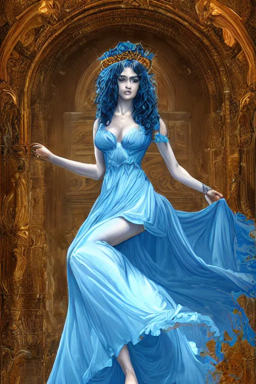 Image similar to aphrodite goddess beautiful blue gown very sensual, high resolution, uhd, digital illustration, in the style of greg rutkowski, fantasy, amazing detail, epic, intricate, elegant, perfect symmetrical face, hyper realistic, hyperdetailed, style of laura sava, smooth, deep focus