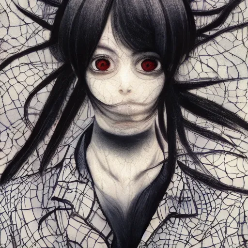 Image similar to yoshitaka amano blurred and dreamy realistic portrait of a woman with black eyes and white hair wearing dress suit with tie, junji ito abstract patterns in the background, satoshi kon anime, noisy film grain effect, highly detailed, renaissance oil painting, weird portrait angle, blurred lost edges, three quarter view