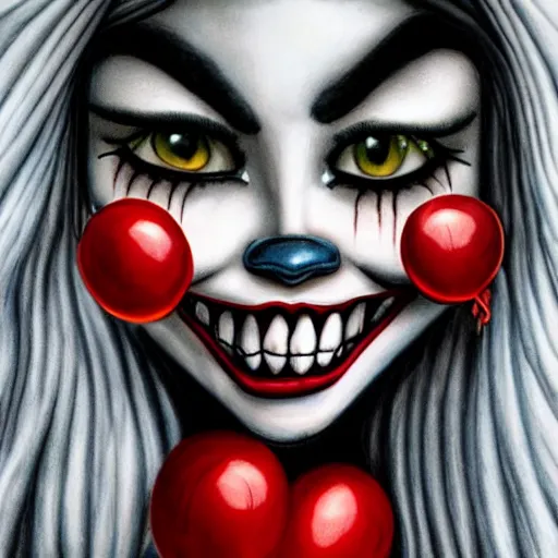 Image similar to grunge cartoon painting of kylie jenner with a wide smile and a red balloon by chris leib, loony toons style, pennywise style, corpse bride style, horror theme, detailed, elegant, intricate