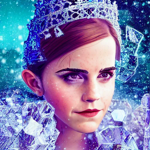 Image similar to portrait shot, emma watson as the queen of ice, ice crystal armor, snow falling, 4 k, digital art, trending on art station, hd, doll, colorful backdrop, film grain, gritty, high res, high detail, 8 k, render