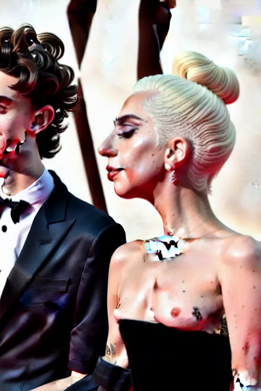 Image similar to timothee chalamet and lady gaga holding hands on the red carpet, beautiful detailed faces