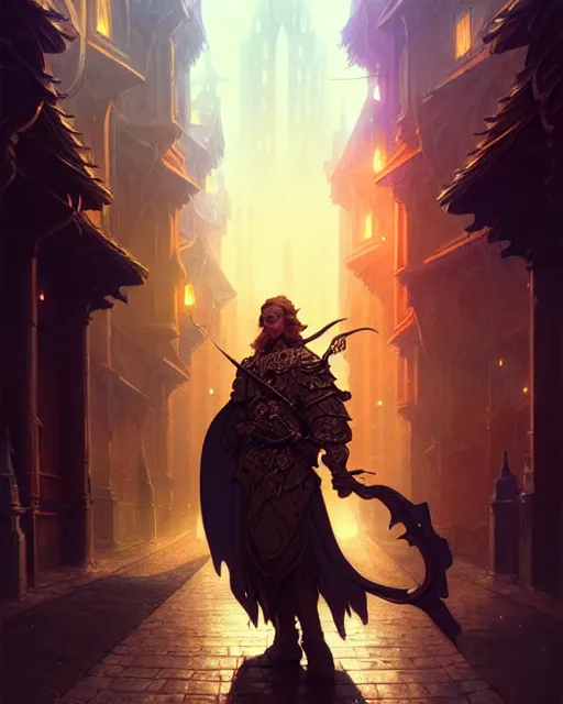 Prompt: the hero of ages walks upon the streets of waterdeep, dnd fantasy art, intricate, elegant, glowing lights, highly detailed, digital painting, artstation, sharp focus, illustration, art by wlop, mars ravelo and greg rutkowski, art by brom, artgerm and alphonse mucha, 8 k, highly detailed