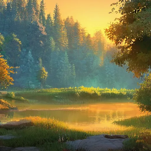 Image similar to a masterpiece detailed beautiful russian village, trees, lake, mountains, golden hour, sunset, by Makoto Shinkai