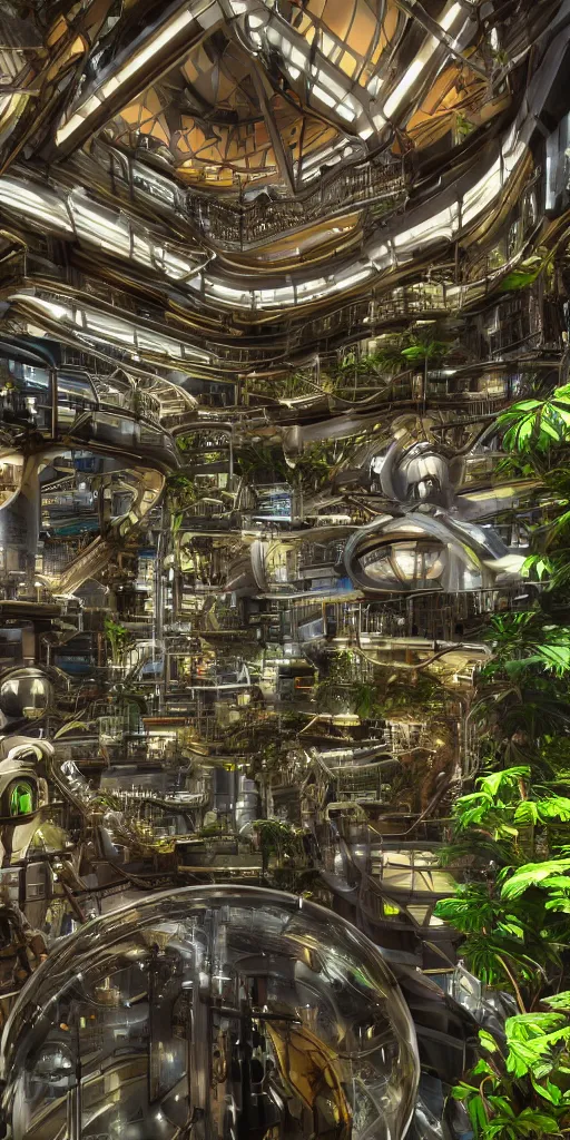 Image similar to a futuristic steampunk science laboratory, built in the middle of a lush tropical rainforest, cinematic back lit lighting, realistic, detailed, canon 20mm,