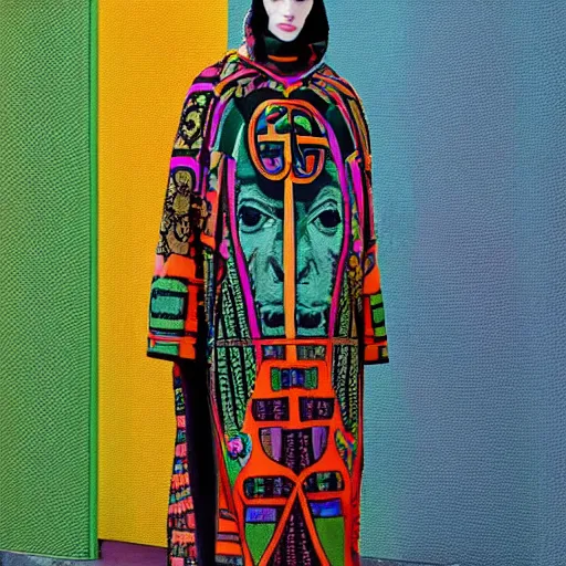 Image similar to gucci versace colorful intense intricate textile chiton himation cloak tunic streetwear cyberpunk modern fashion jupiter beguiled by juno on mount ida