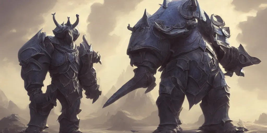 Image similar to an anthropomorphic blue Rhinoceros wearing plate paladin armor, forward facing angle, concept art, character design, stunning 3d render , art by Tooth Wu and justin gerard and Blizzard studios, dim volumetric lighting, 8k octane beautifully detailed render, post-processing, extremely hyperdetailed, intricate complexity, epic composition, grim yet sparkling atmosphere, masterpiece, trending on artstation