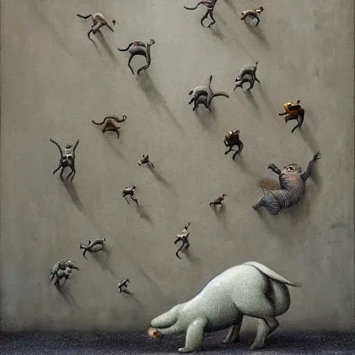 Image similar to by emma geary, by michael sowa. a beautiful street art of a group of creatures that looks like a mix of different animals. most of the creatures have human - like features, such as arms & legs, & some are standing upright while others are crawling or flying.