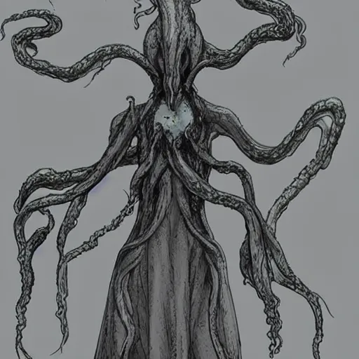 Image similar to concept designs for an ethereal wraith like figure with a squid like parasite latched onto its head and long tentacle arms that flow lazily but gracefully at its sides like a cloak while it floats around a forgotten kingdom in the snow searching for lost souls and that hides amongst the shadows in the trees, this character has hydrokinesis and electrokinesis for the resident evil village video game franchise with inspiration from the franchise Bloodborne and the mind flayer from stranger things on netflix